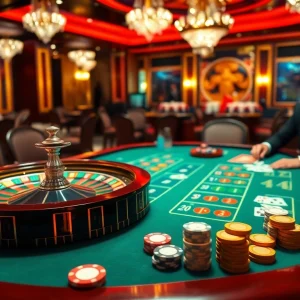 Thrilling gaming action at Trang chủ thabet casino with vibrant tables, chips, and a roulette wheel.