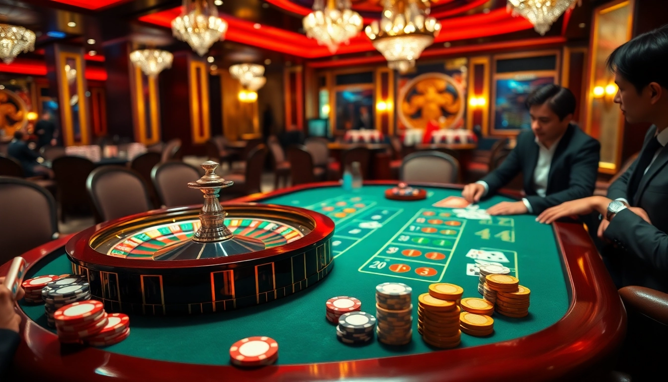 Thrilling gaming action at Trang chủ thabet casino with vibrant tables, chips, and a roulette wheel.