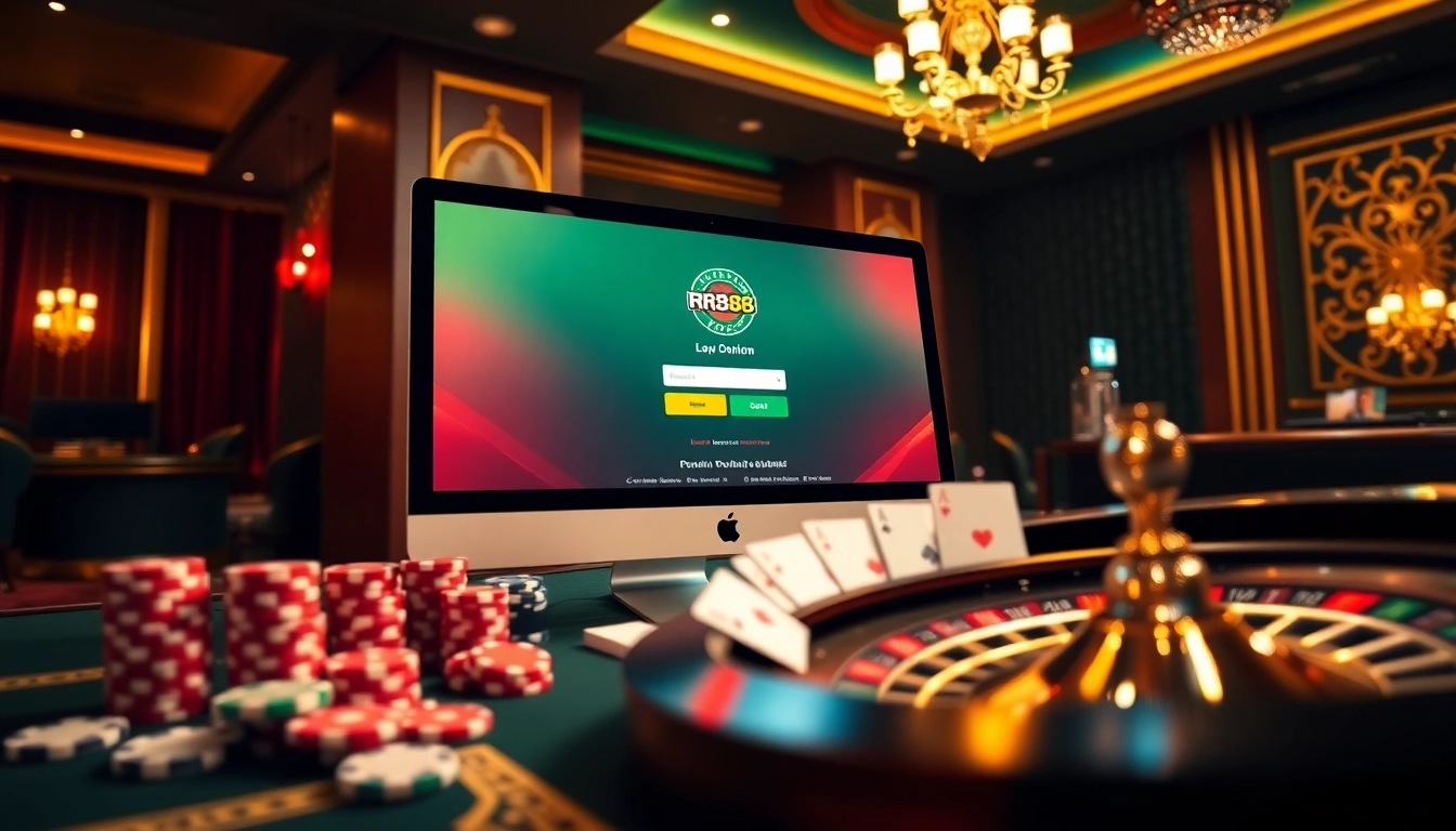 Engage with the rr88 đăng nhập scene featuring a luxurious casino setting with poker chips and a roulette wheel.