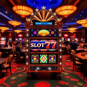 Experience the excitement of Slot777 with a vibrant casino scene featuring luxury slots and engaged players.