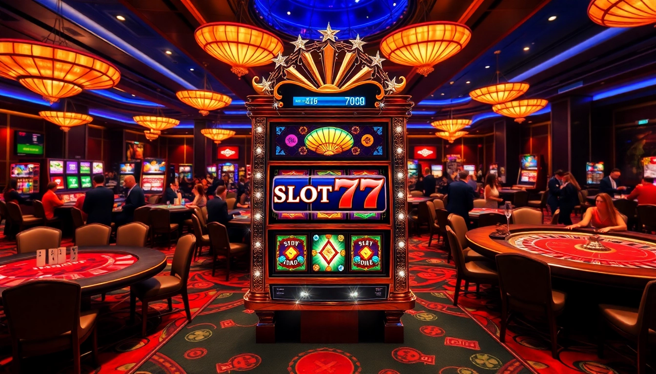 Experience the excitement of Slot777 with a vibrant casino scene featuring luxury slots and engaged players.