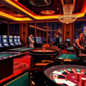 Experience the luxury gaming world at xx88 with vibrant slot machines and roulette tables.