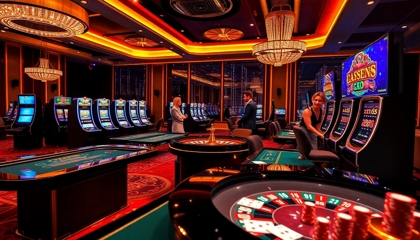 Experience the luxury gaming world at xx88 with vibrant slot machines and roulette tables.