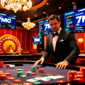 Experience the thrill of 7mcn with a vibrant casino scene featuring gaming tables and sports betting.