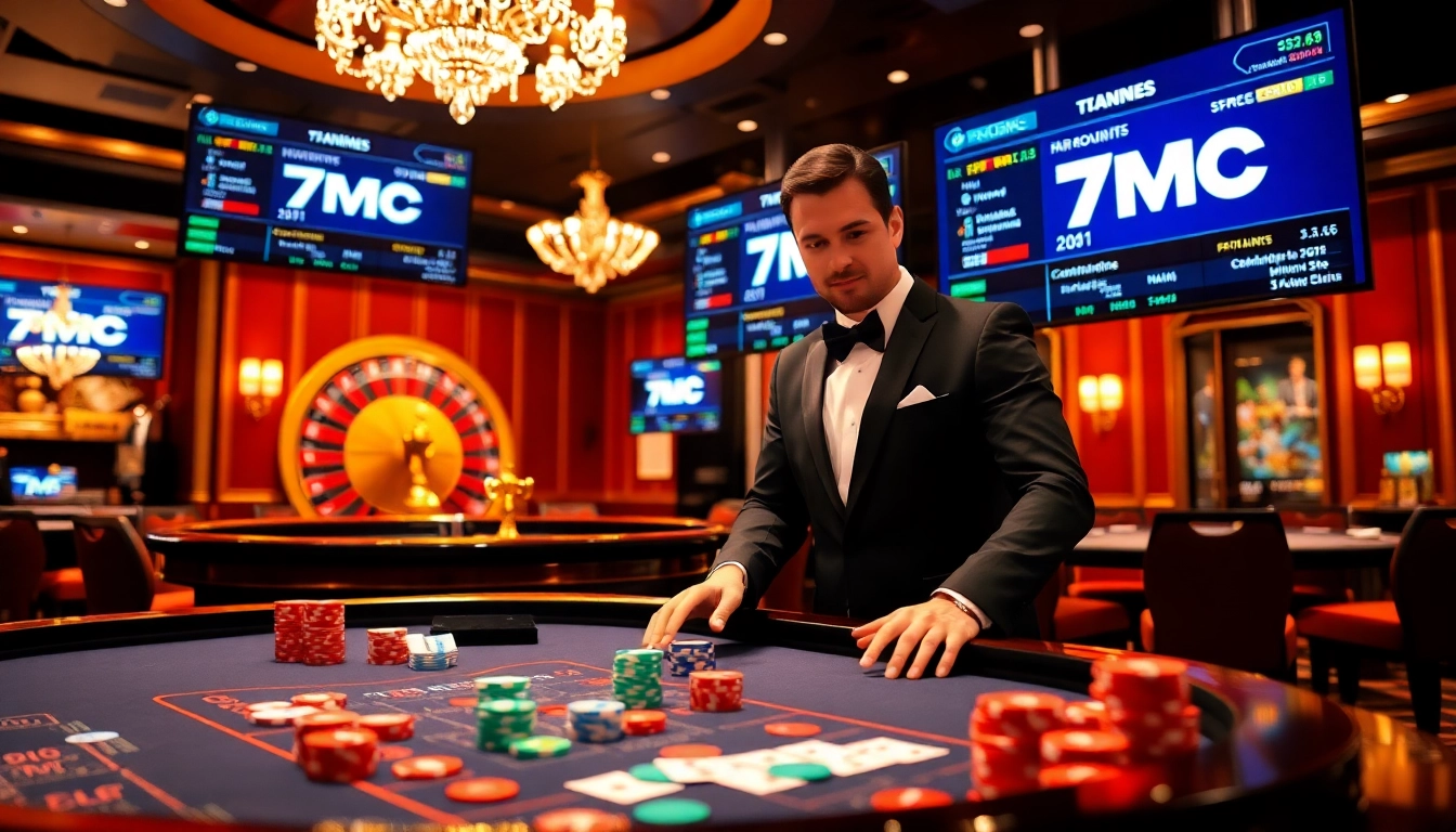 Experience the thrill of 7mcn with a vibrant casino scene featuring gaming tables and sports betting.