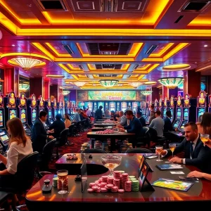 Experience the thrill of Slot Terpercaya gaming with players enjoying diverse slot machines in a luxurious casino.