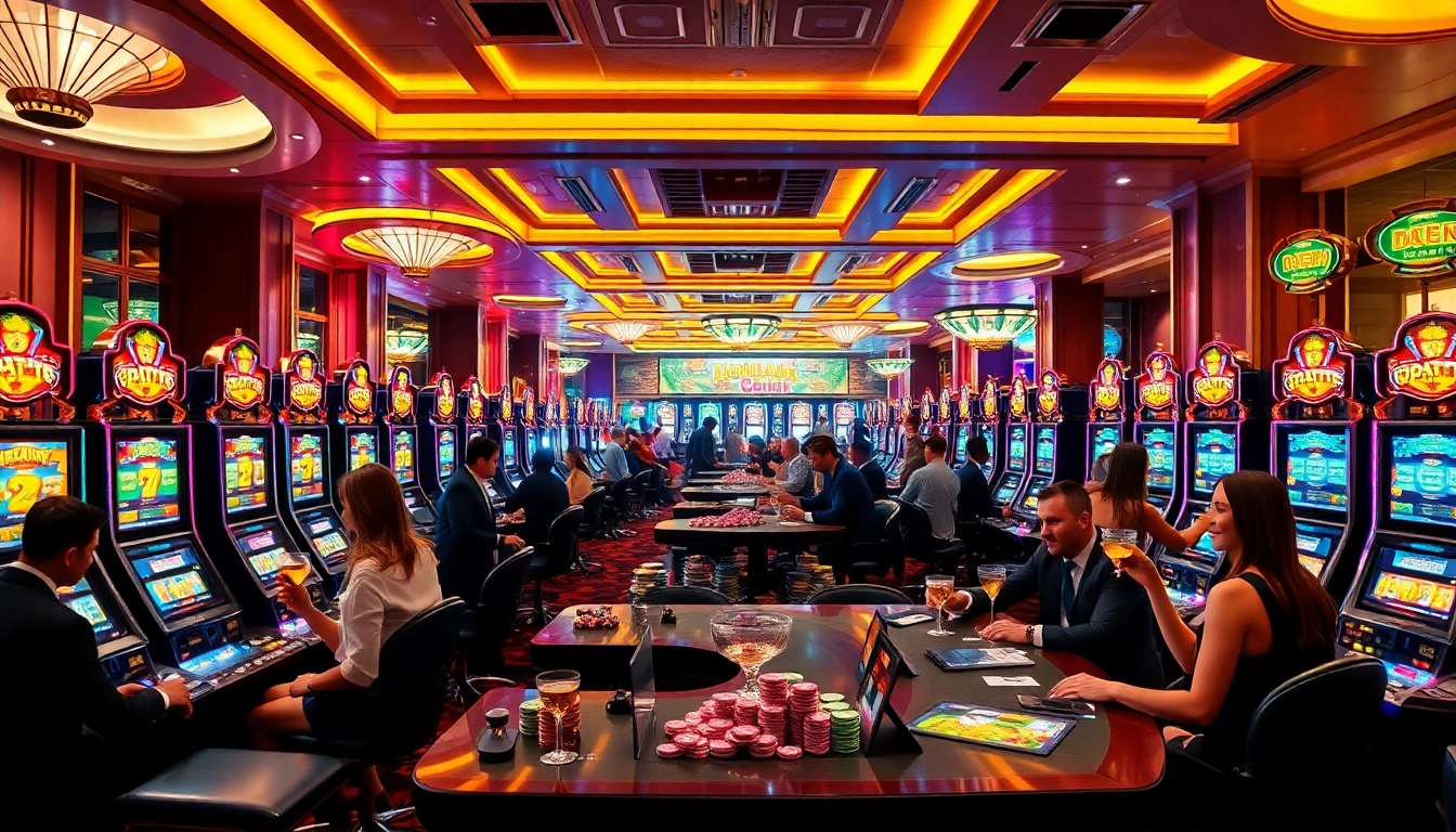 Experience the thrill of Slot Terpercaya gaming with players enjoying diverse slot machines in a luxurious casino.