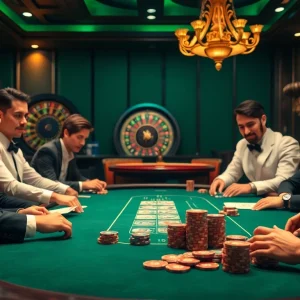 Experience high-stakes poker excitement at ok8386a.com in a luxurious casino setting.