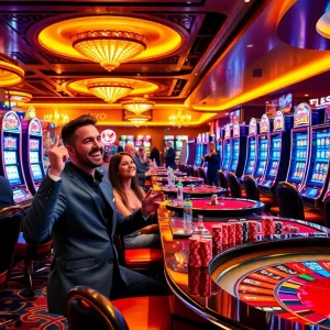Engaged players winning on Slot777 machines in a luxurious casino setting.