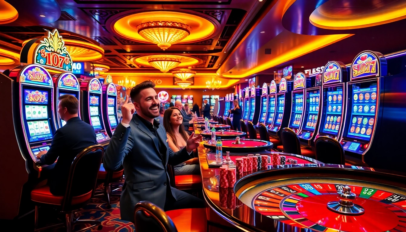 Engaged players winning on Slot777 machines in a luxurious casino setting.