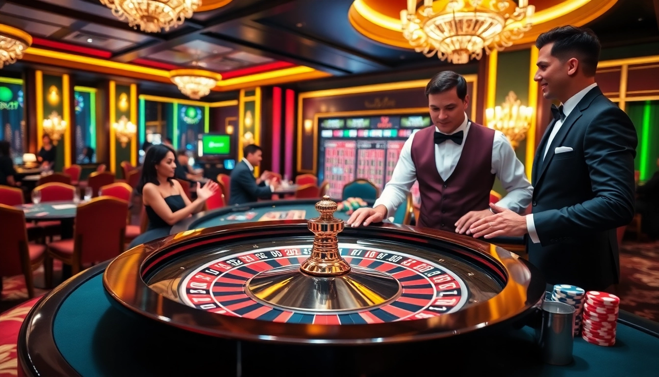 Vankhanhtv delivering a vibrant casino experience with roulette, cheering players, and a stylish dealer.