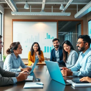 Discussing logo lem yenileme ücreti in a modern office environment with a diverse team.