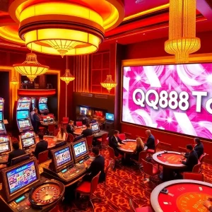 Players enjoying thrilling casino games at QQ88 To, featuring vibrant slot machines and poker tables.