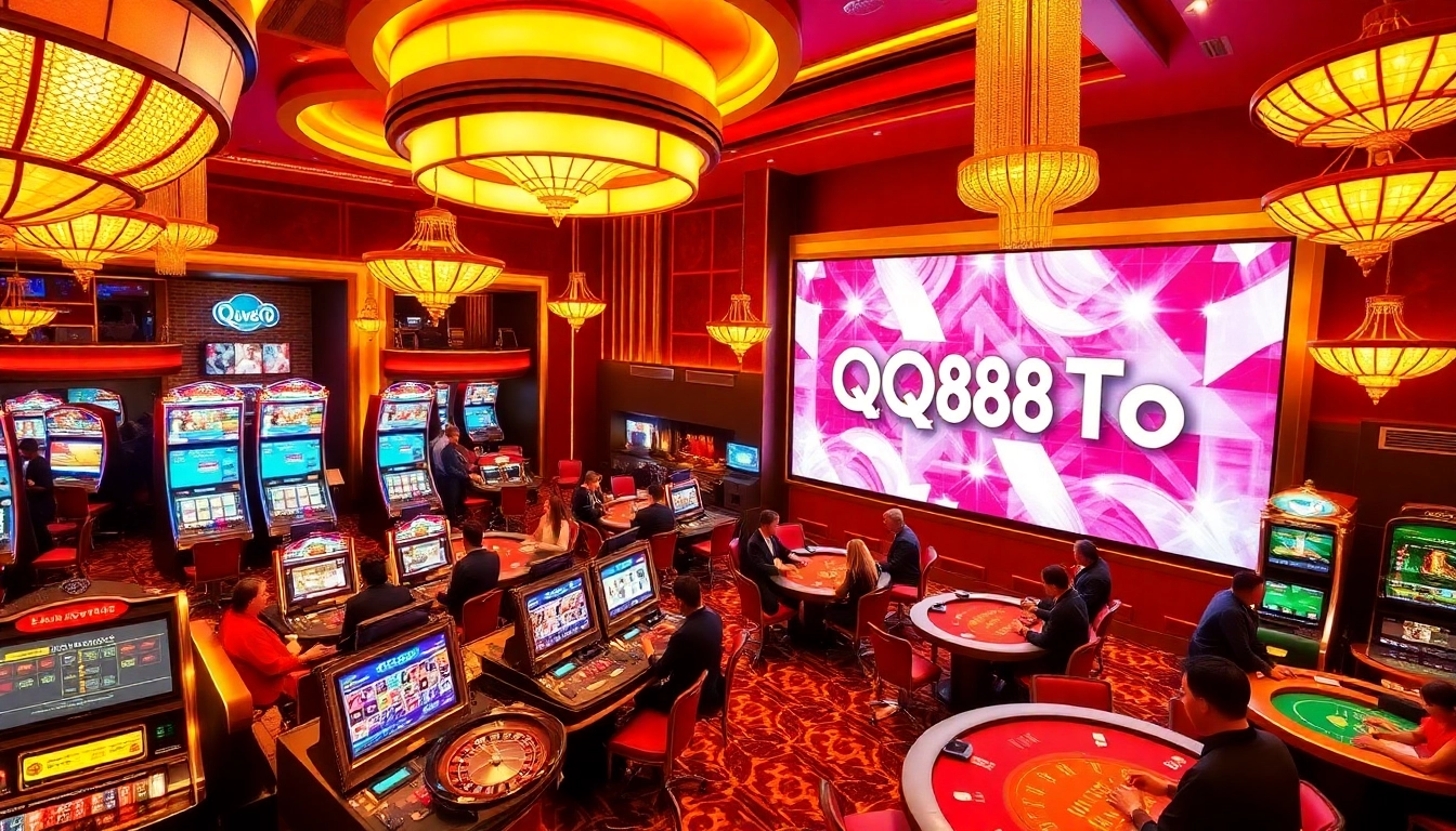 Players enjoying thrilling casino games at QQ88 To, featuring vibrant slot machines and poker tables.
