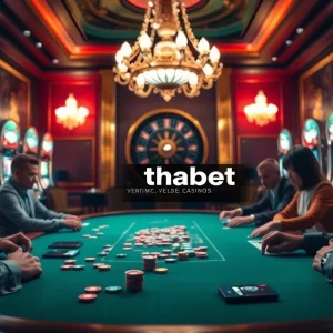Play poker and win at https://thabet.vegas/ with a striking casino ambiance featuring vibrant lights.