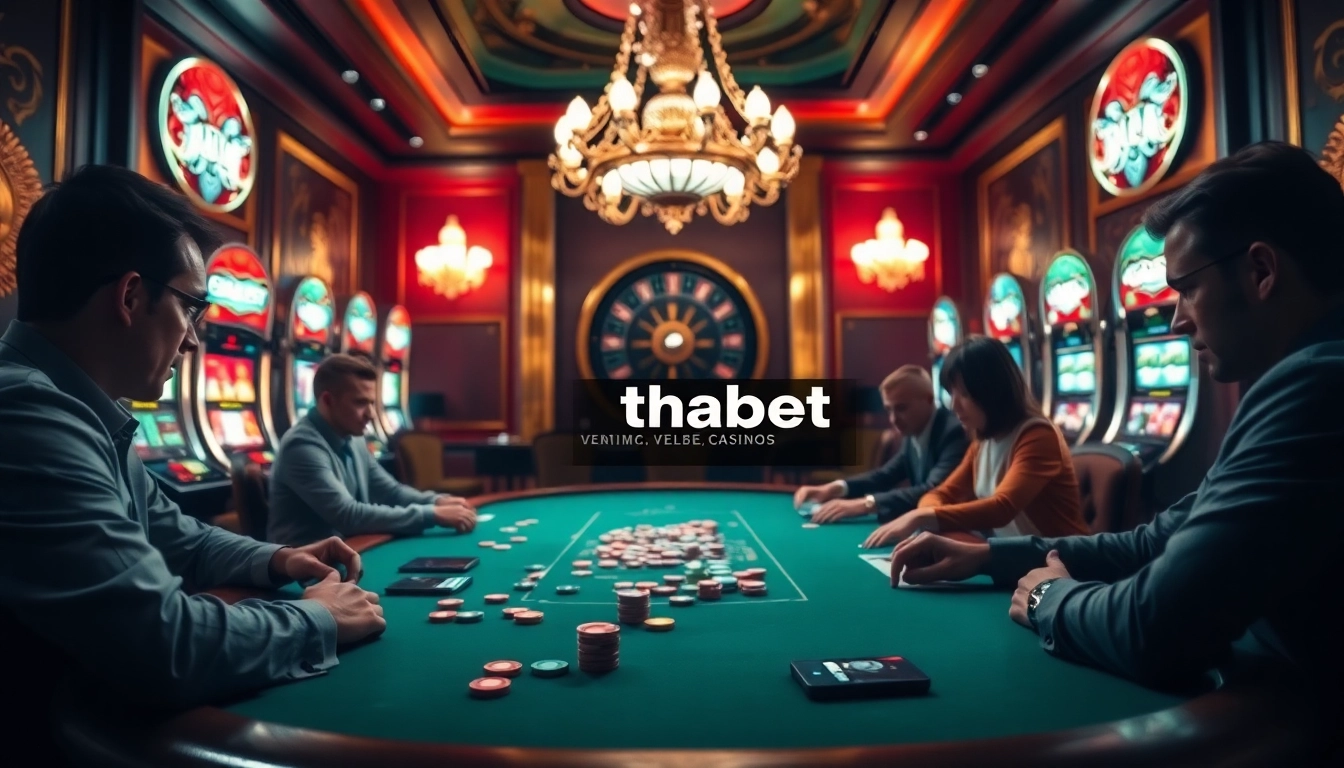 Play poker and win at https://thabet.vegas/ with a striking casino ambiance featuring vibrant lights.