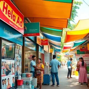 Hela Ad marketplace scene showcasing vibrant stalls with personal and spa advertisements in Sri Lanka.
