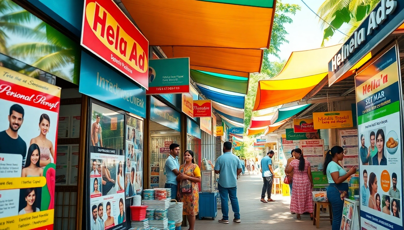 Hela Ad marketplace scene showcasing vibrant stalls with personal and spa advertisements in Sri Lanka.