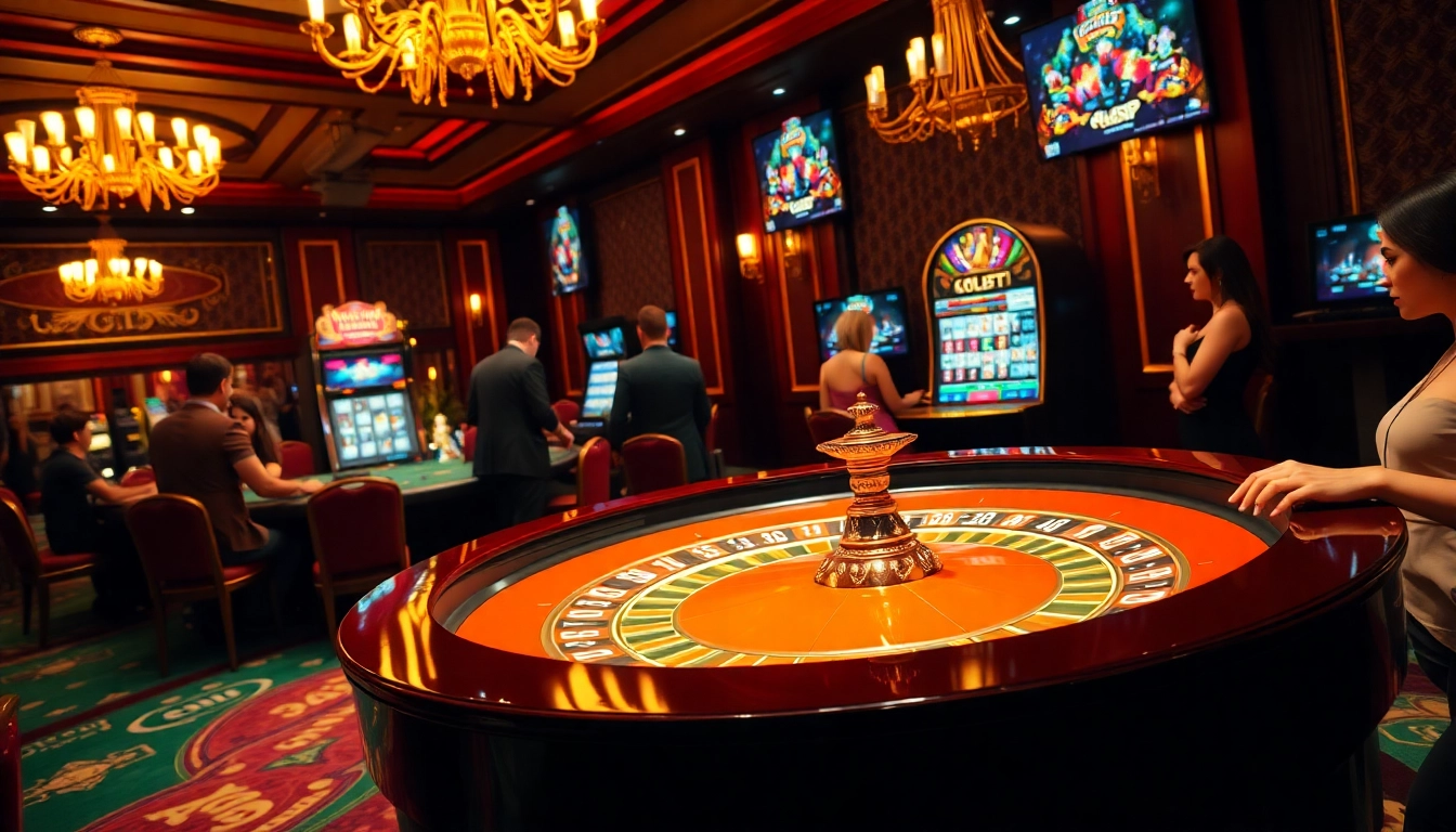 Players enjoying thrilling sex games ai at a stylish casino with roulette and slot machines.