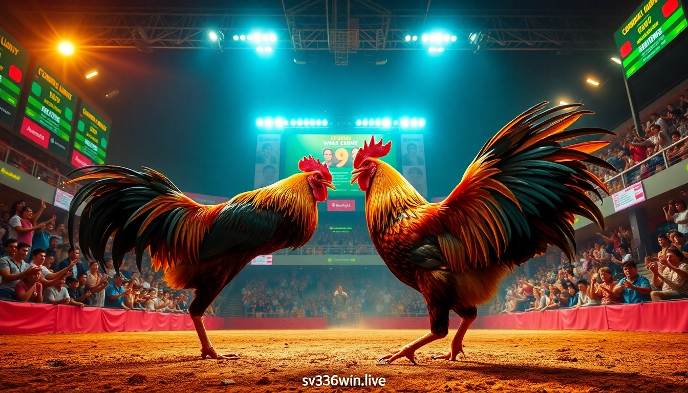 Dynamic cockfighting scene at sv368win.live, showcasing intense matches and engaged spectators.