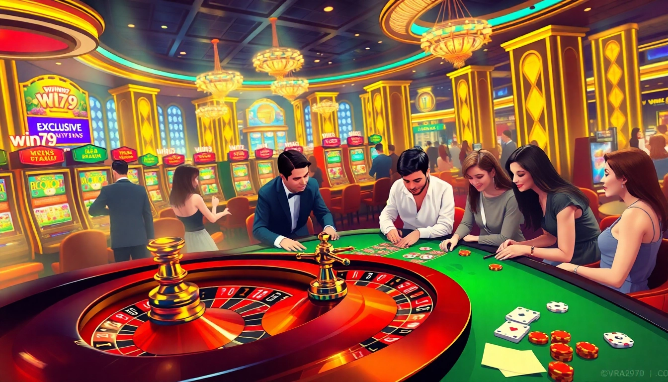 Engaging gamblers at the roulette wheel with promotions for win79 khuyến mãi in a luxurious casino.