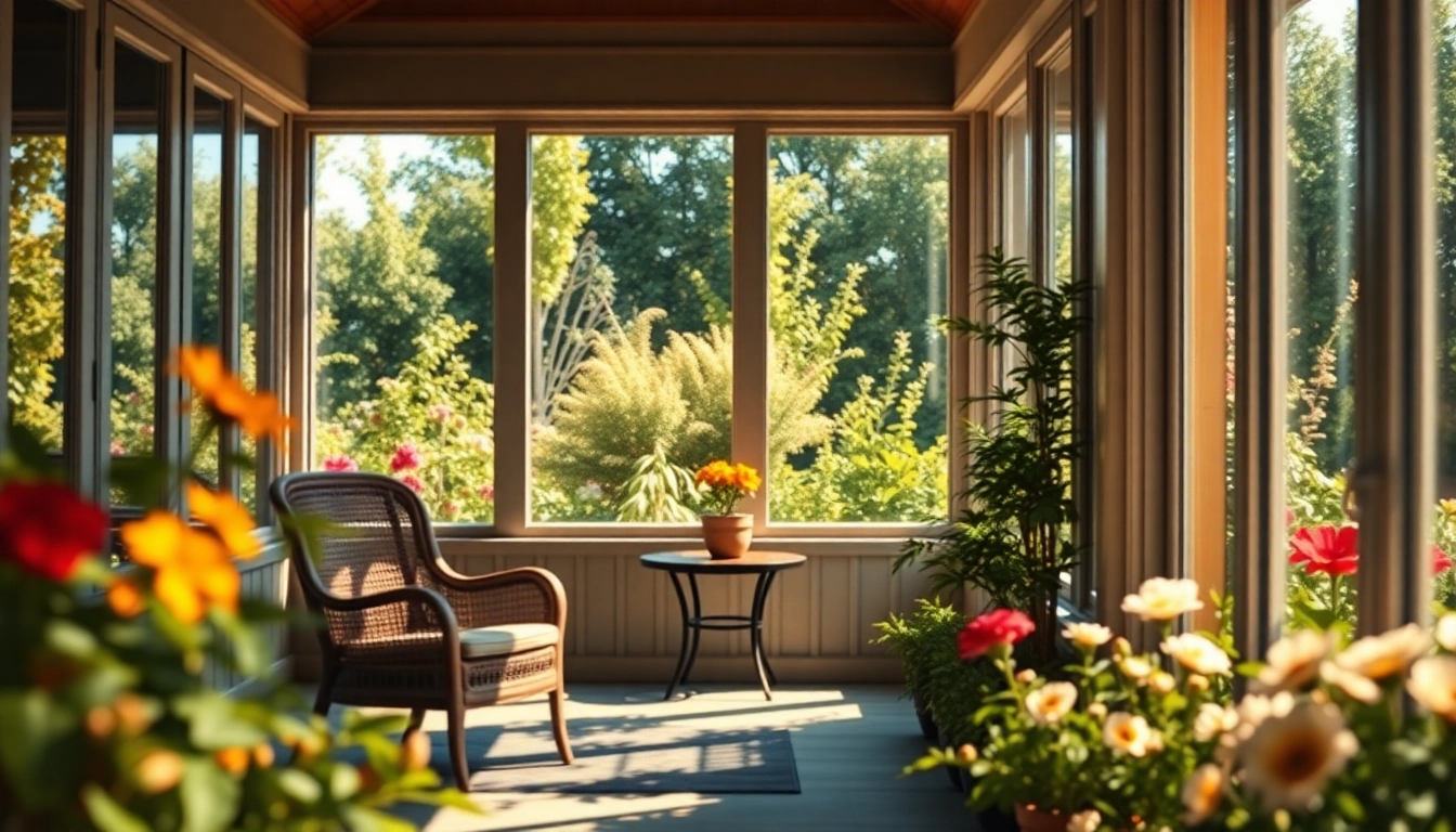 Creating a stunning outdoor sunroom with inviting decor and lush nature surrounding.