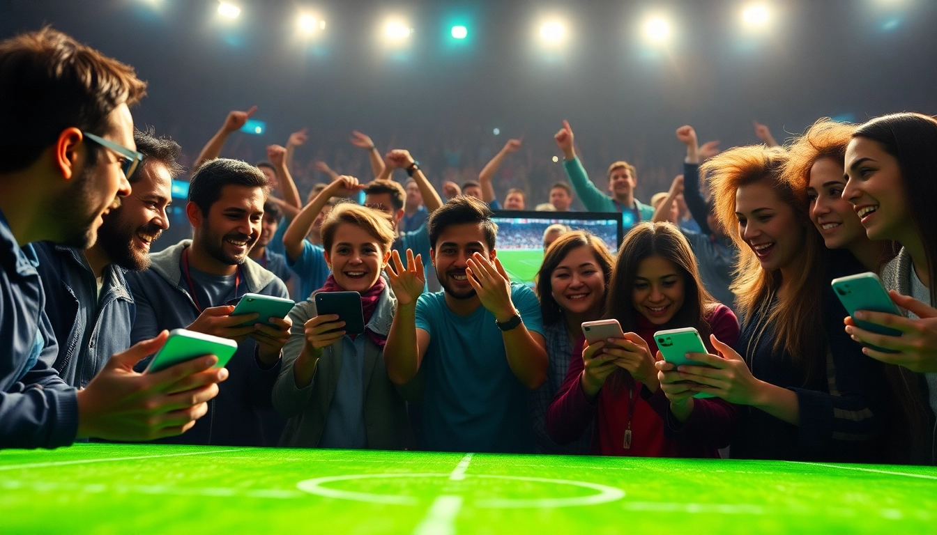 Soccer fans interacting with joemadfan.com streaming live soccer matches in an exciting atmosphere.