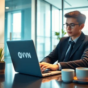 在现代办公室用笔记本电脑使用快连VPN的年轻专业人士。