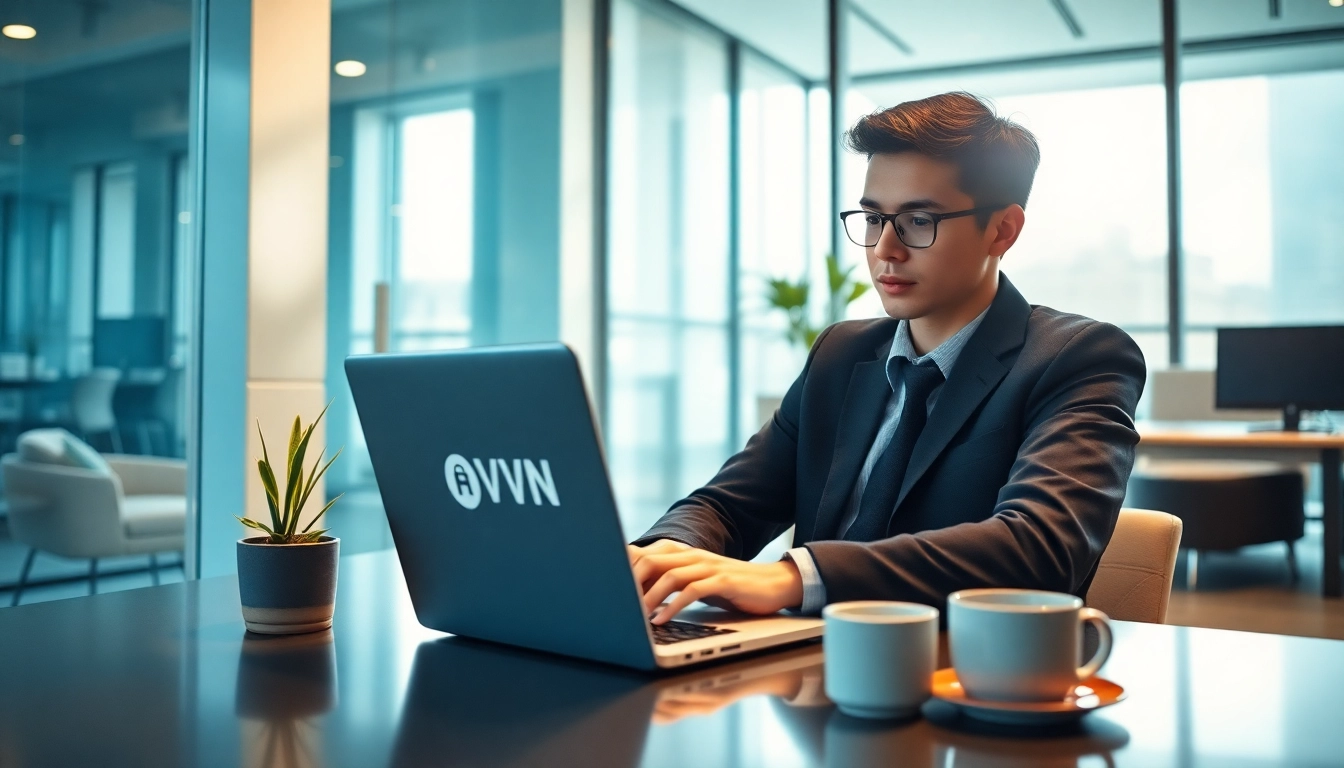 在现代办公室用笔记本电脑使用快连VPN的年轻专业人士。