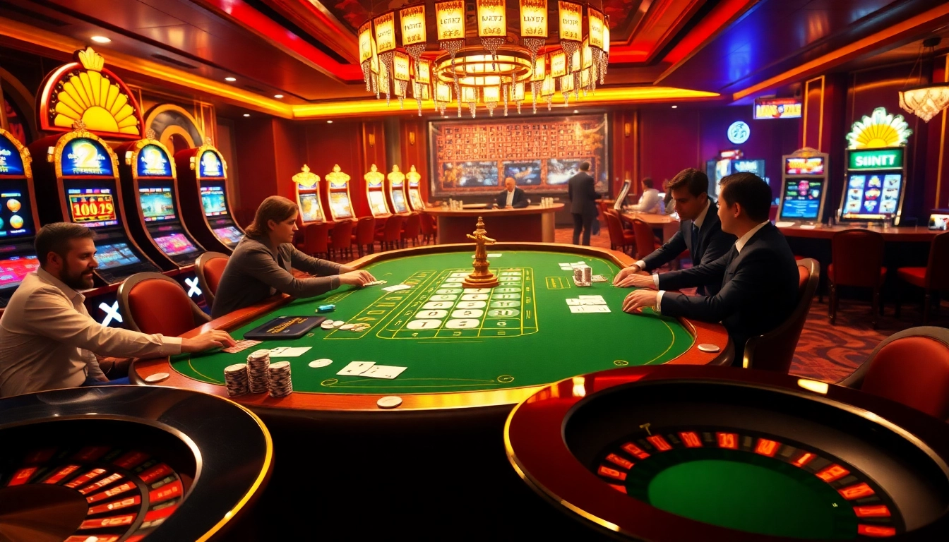 Engage with vin77 at a luxurious poker table bustling with exciting gameplay and vibrant casino elements.