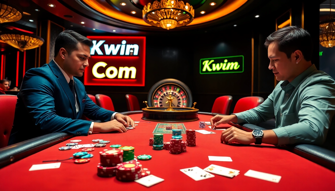 Engaging poker scene highlighting kwin com's thrilling casino ambiance with colorful chips and intense players.
