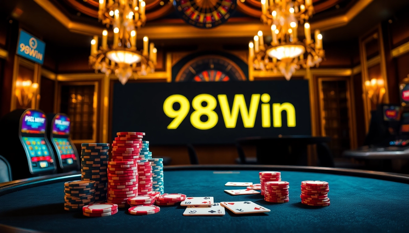 Experience the thrill of gambling at 98Win with colorful poker chips and exciting casino elements.