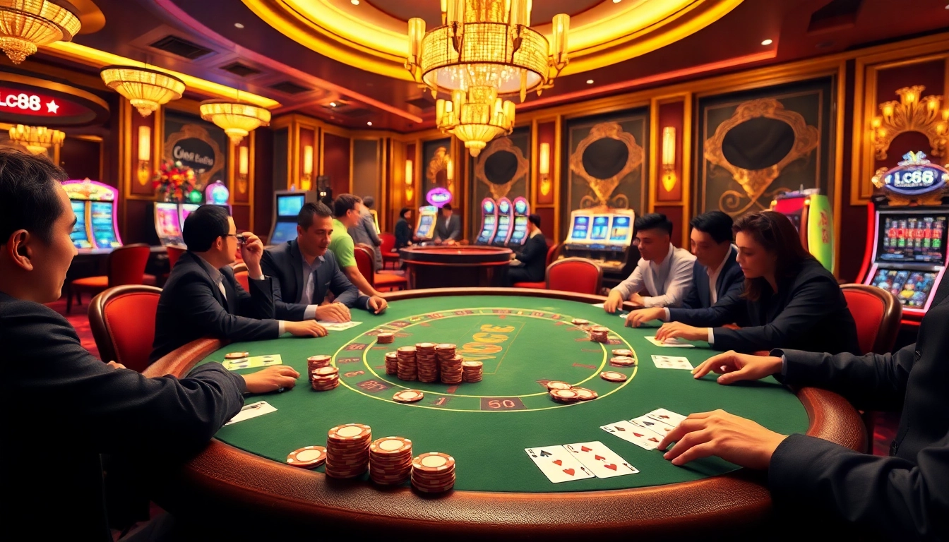 Experience an exciting poker game at lc88 casino with vibrant chips and cards, capturing thrilling gambling moments.