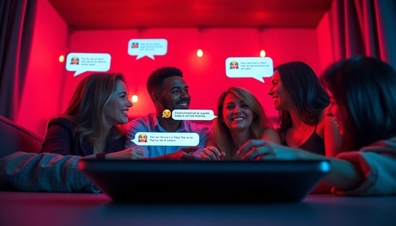 Engaging sexchat scene with diverse characters in a warm, inviting digital chat room.