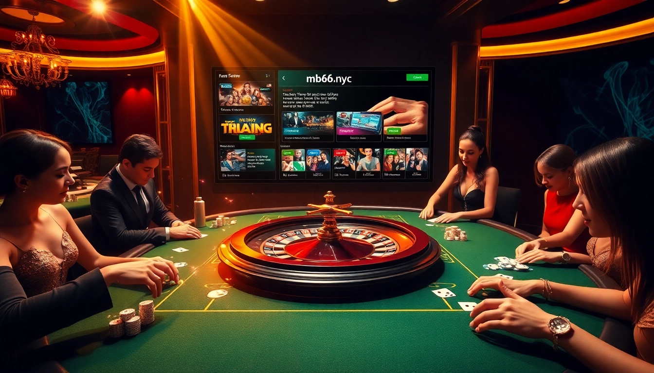 Engaging scene at MB66.nyc with players enjoying poker and roulette in a luxurious casino setting.