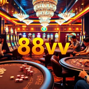 Players winning big at 88vv's vibrant casino tables filled with poker chips and dice.