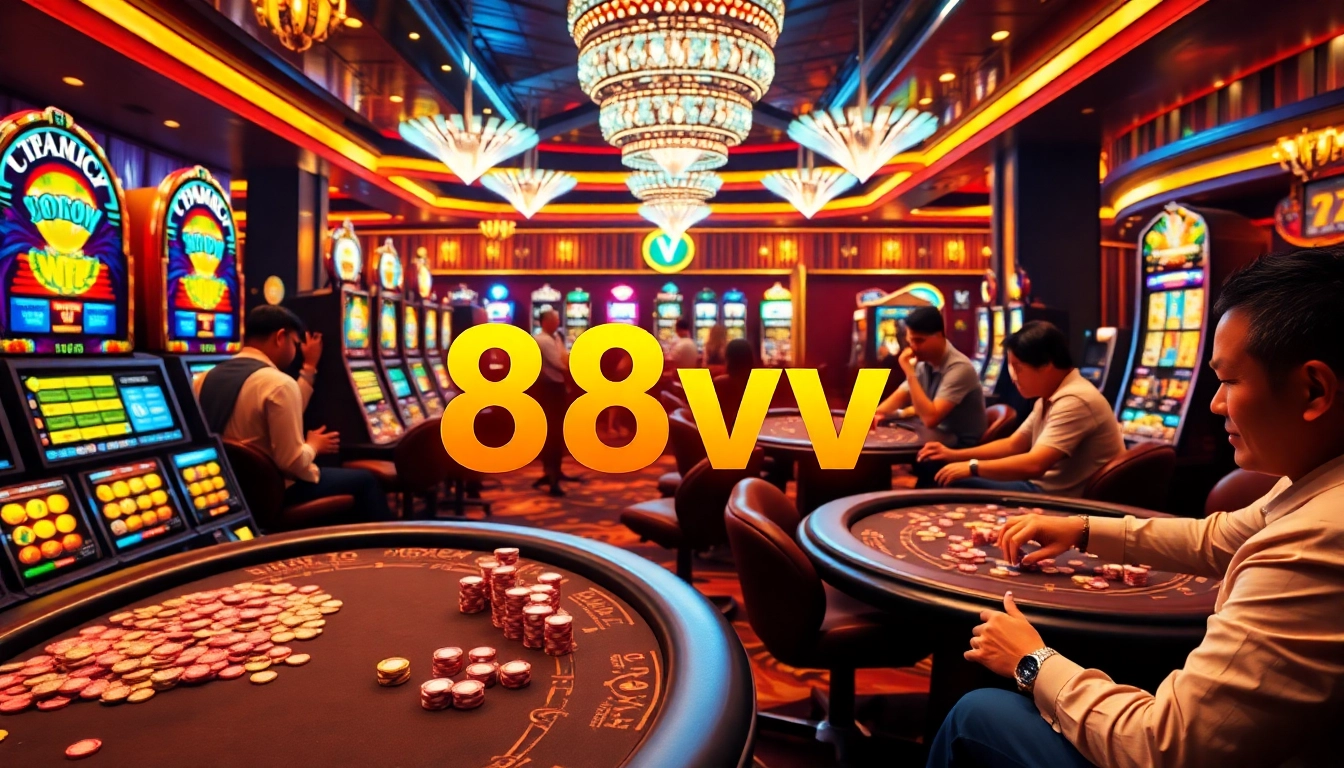 Players winning big at 88vv's vibrant casino tables filled with poker chips and dice.