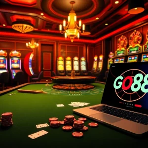 Experience the excitement of gambling at https://go88.fast/ with luxurious casino visuals showcasing chips and cards.