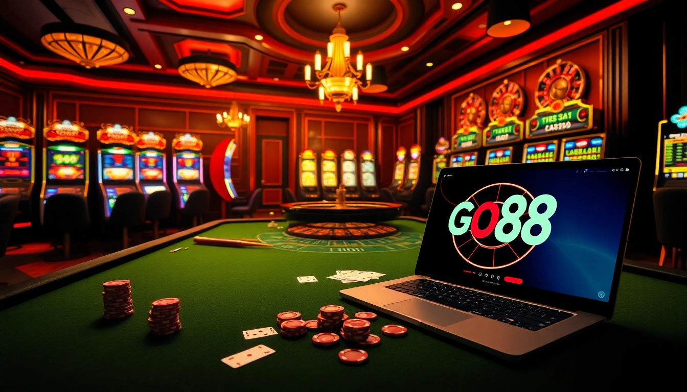 Experience the excitement of gambling at https://go88.fast/ with luxurious casino visuals showcasing chips and cards.