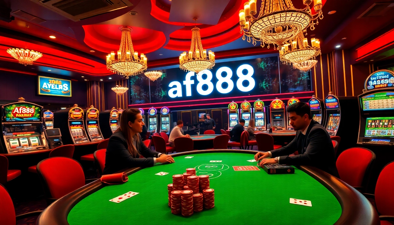 Players enjoying a thrilling card game at the AF88 poker table in a luxury casino.