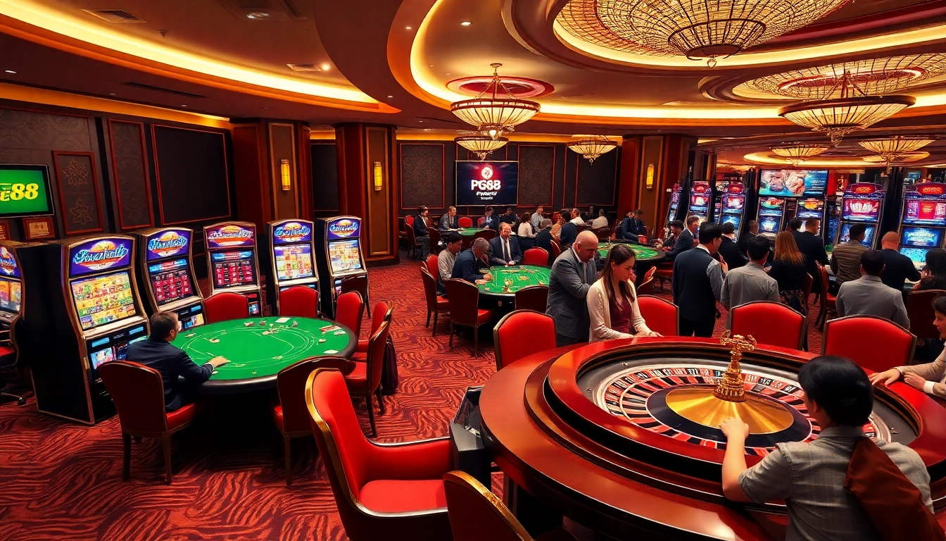 Exciting PG88 casino scene with players engaging around slot machines and card tables.