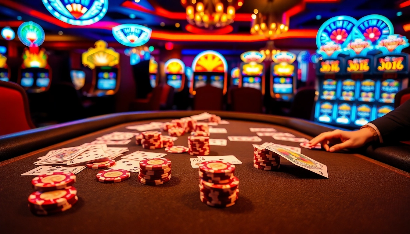 Players at an MK8 casino table surrounded by colorful slot machines and poker chips.