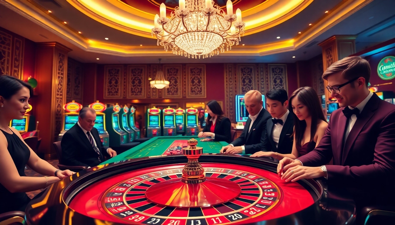 Exciting gambling action at https:/sc88.bz/ with players engaging at a roulette table in a luxurious casino.