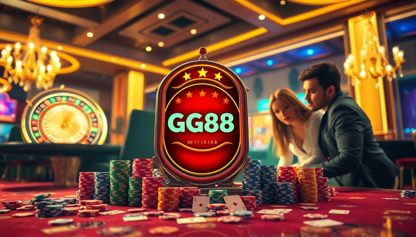 Gamblers enjoying the thrill of GG88 slot with vibrant casino elements.