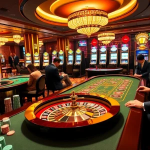 Players enjoying a thrilling gaming experience at FLY88 casino with roulette and poker tables.