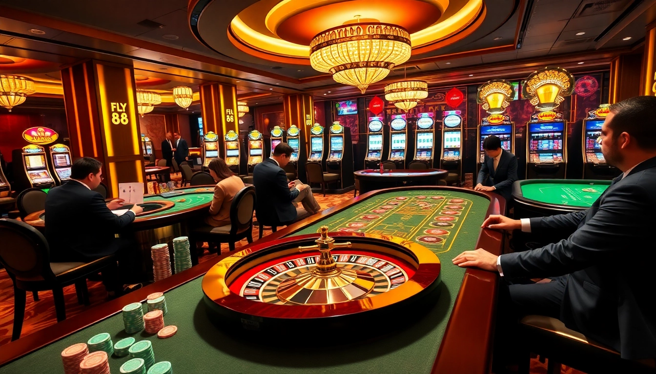 Players enjoying a thrilling gaming experience at FLY88 casino with roulette and poker tables.