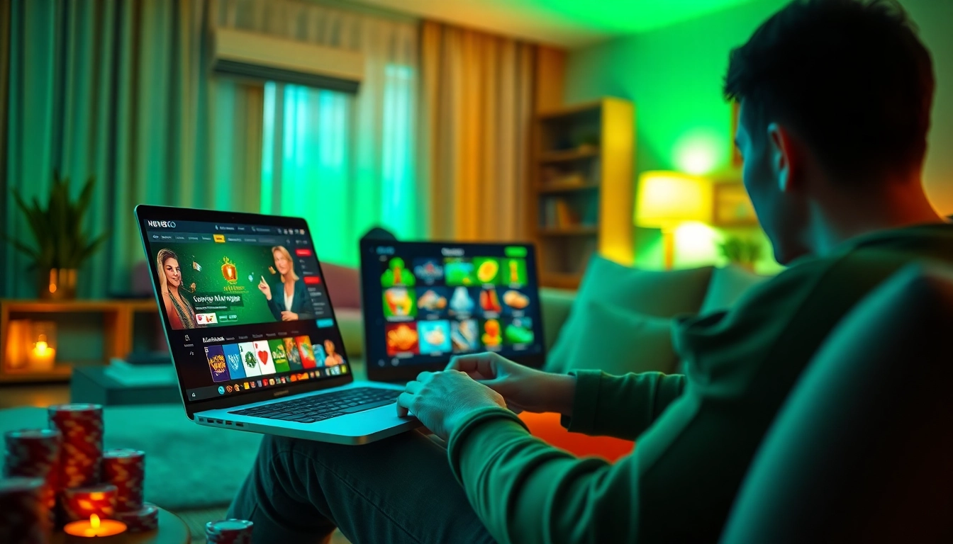 Experience online gaming excitement with new88go.com in a modern home setting, featuring casino elements and a laptop.