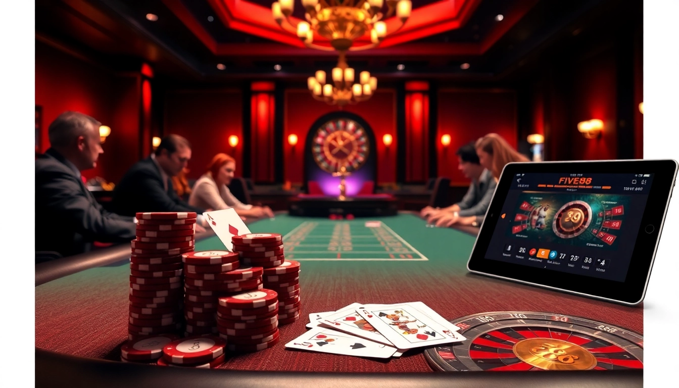 Engaging poker players at five88 casino, vibrant colors, high-stakes atmosphere.