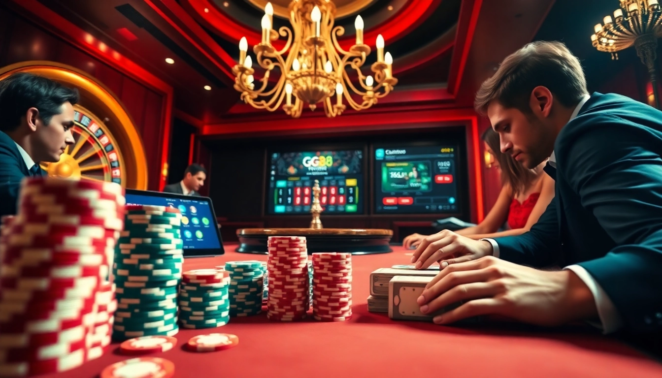 Engage with the excitement of GG88 poker at a vibrant casino table, featuring rich colors and high stakes.