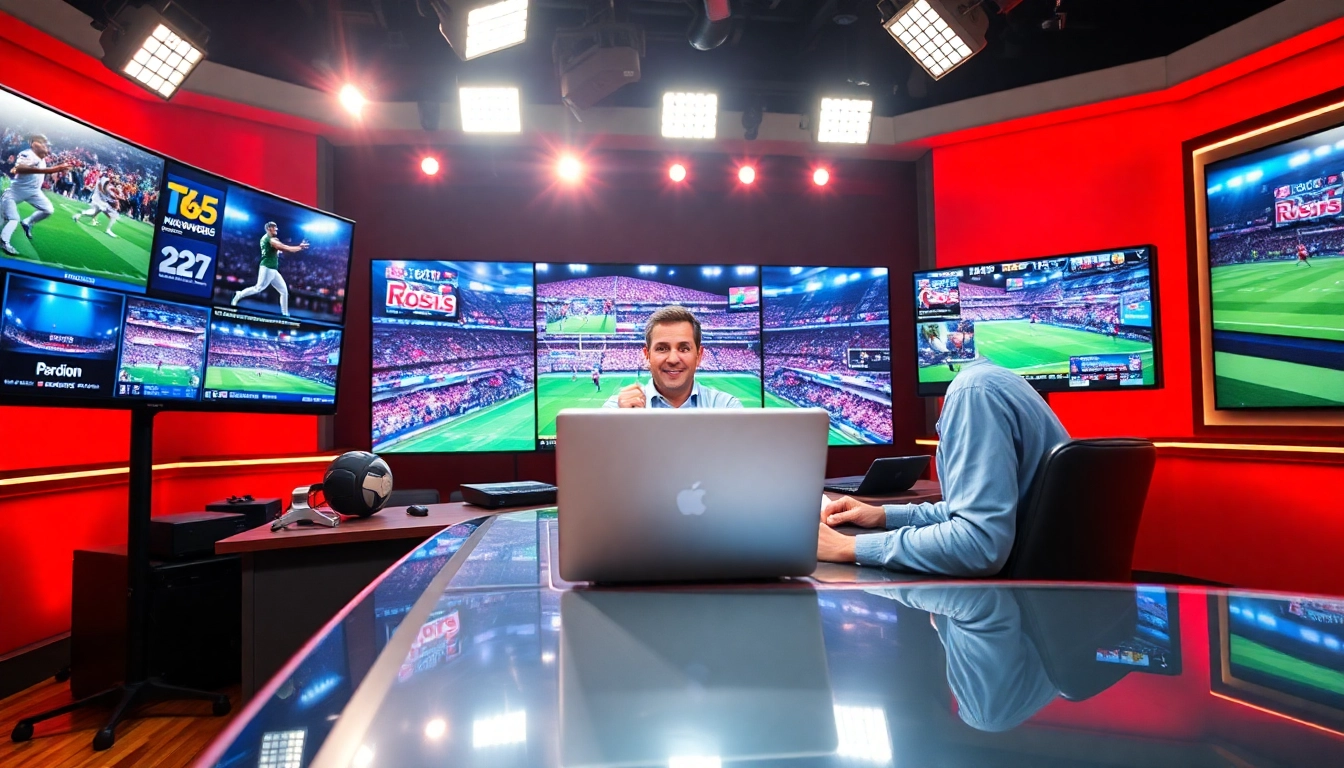Broadcasting professional engaged in sports broadcasting with dynamic screens and vibrant studio lights.